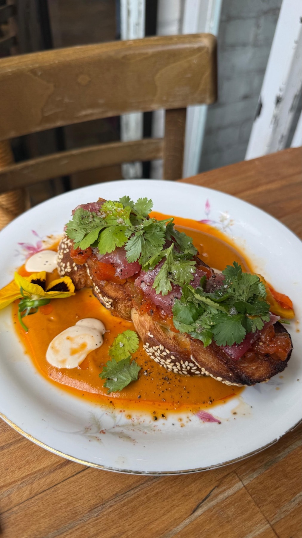 Seared tuna on sesame toast with cilantro